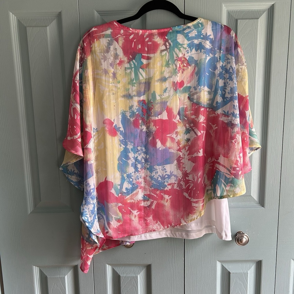 Chicos Tropical Floral Pink Blouse Size 2 US Large Flowy Spring Short Sleeve - Picture 10 of 13